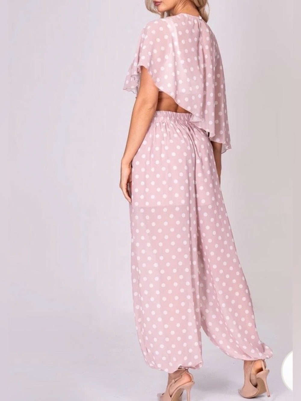 0209.  Polka Dot Blouson Crop Top & Wide-Leg Pants Set - Pink - Picture 4 of 4